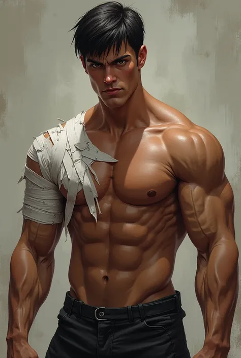  digital art manhawa tall semi-muscular man short black hair, brown eyes, dark brown skin with his shoulder and chest bandaged by gunshot wound  