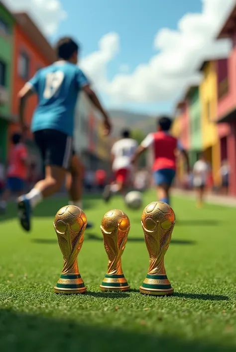 Barrio soccer field: three small world cups leaning on the synthetic grass and people playing in the background