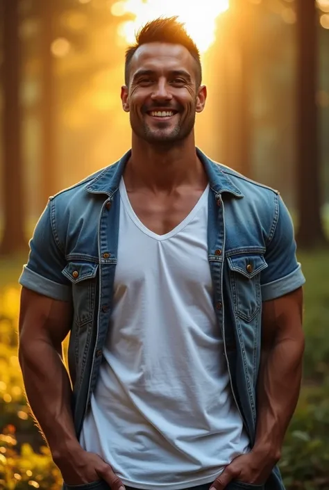 Masterpiece, best quality, High quality, วอลล์เปเปอร์ CG unity 8k ที่มีvery detailed, depth of field, HDR,,ภาพrealistic,very detailed, 1 man smiling, Asia, black short hair, (Wear a white t-shirt, blue jeans jacket), chest muscles, Big arm muscles, blood v...