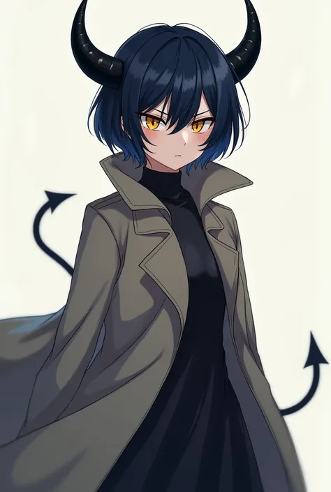 Mature anime girl with indigo short hair and yellow eyes with black curved devil horns in a trench coat