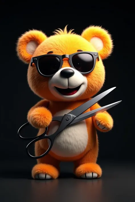 Happy teddy bear in sunglasses holding giant scissors,  black background