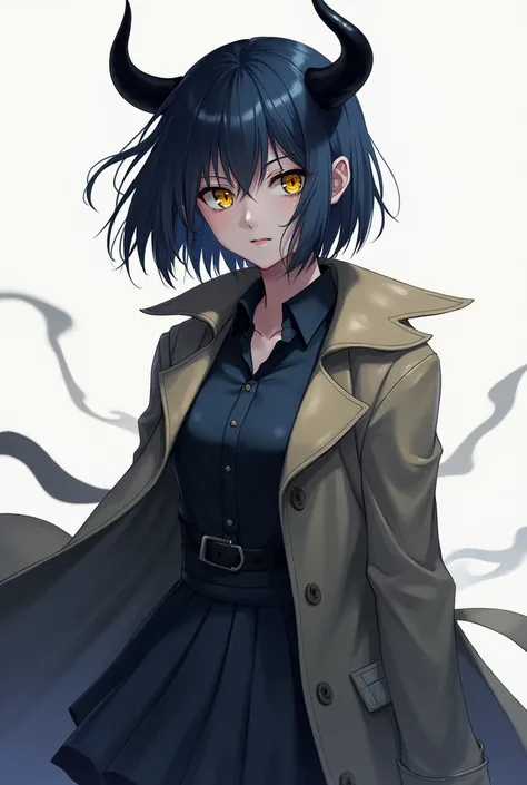 Mature anime girl with indigo short hair and yellow eyes with black curved devil horns in a trench coat