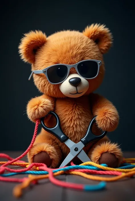 Happy teddy bear wearing sunglasses ,  cutting a string of string with giant scissors,  black background