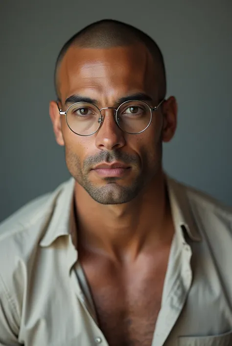 Handsome Brazilian man , shaved head,  linen shirt wearing round silver rimmed glasses, wearing a ,  muscular physique , Portrait of 60 mm, Portrait of 70 mm, 50mm Portrait, medium portrait top light,   Medium portrait with soft light,   soft portrait take...