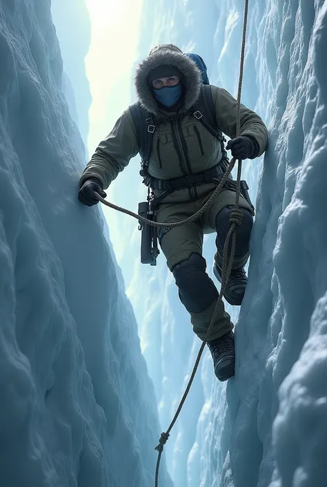 Hunter climbing down a rope in a crevice