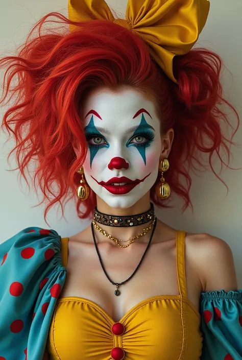 An Award-Winning Masterpiece for Vogue Fashion magazine, Sensual, Sexy, Desirable, Hot, Award-Winning Masterpiece,  a woman dressed as a sexy clown with mixed colored hair, in the style of magical girl, colorful Moebius, light yellow and dark crimson, penc...