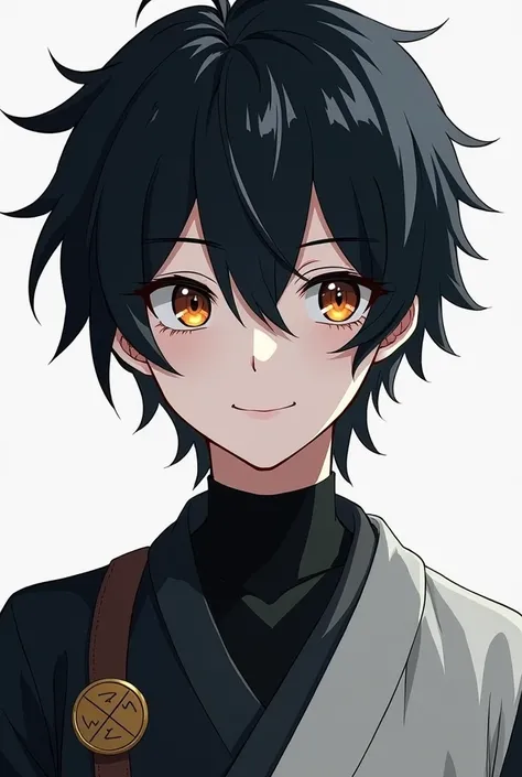 a boy from ,black hair color, little smile on the side, like akatsuki clothes, white skin,leaving half of your face showing