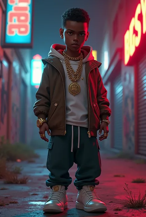 
"Create a hyper-realistic digital art of a skinny young boy rapper with a unique and stylish vibe.  wearing trendy rapper clothing with a modern twist – oversized jacket, baggy pants, and white sneakers. Add multiple gold and white chains around his neck,...