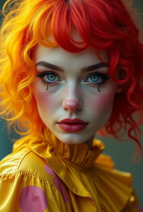 An Award-winning masterpiece for Vogue Fashion magazine, sensual, sexy, desirable, hot, Award-winning masterpiece,   a woman dressed as a sexy clown with her hair in mixed colors,  In the style of a magic girl ,  colorful moebius ,  light yellow and dark c...