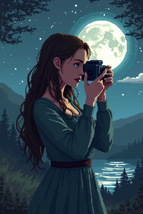 8-bit Galadriel with dark brown hair and dark brown eyes taking photos under the moonlight