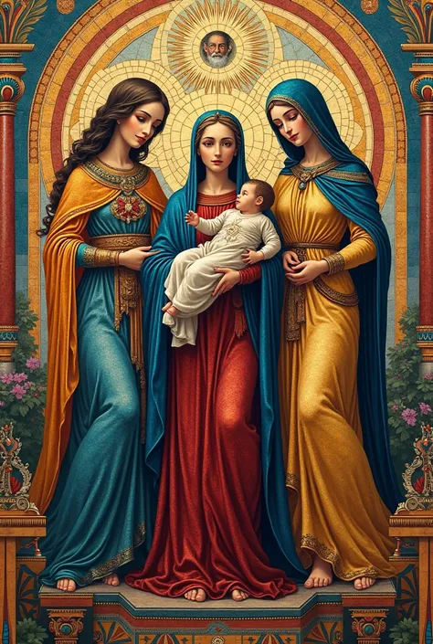  Create an image with a colorful and detailed mosaic that represents Mary with the baby Jesus, surrounded by other maternal figures such as Isis with Horus ,  creating an image that celebrates motherhood and divinity across different cultures 

