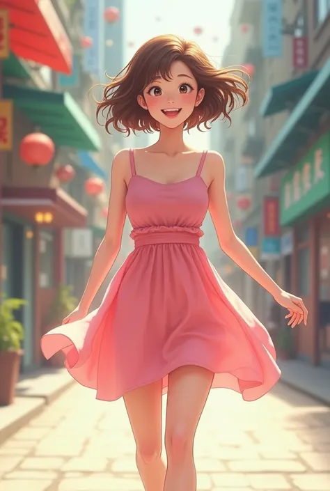 young korean, Wearing a short pink dress walking,Short brown hair, happy 