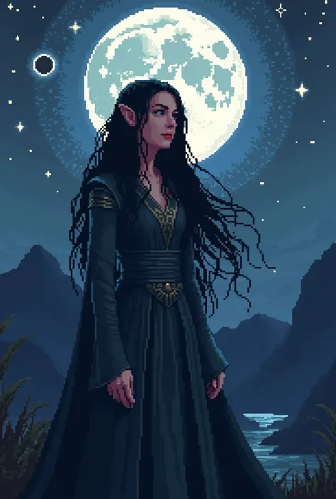 8-bit Galadriel with dark hair and eye, taking a photo under moonlight