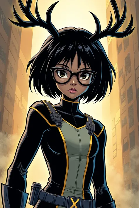  I want an image of a mutant adolescent girl in comic book style  ,   I want her skin to be black and her hair to be short and black and to have reindeer antennas,  She has to wear glasses and her uniform is like that of the X-Men and her eyes are black 