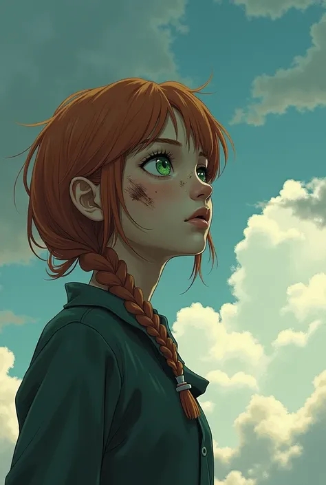 Girl with a burnt face on the left side,  with slightly orange hair and green eyes,  looking at the sky  