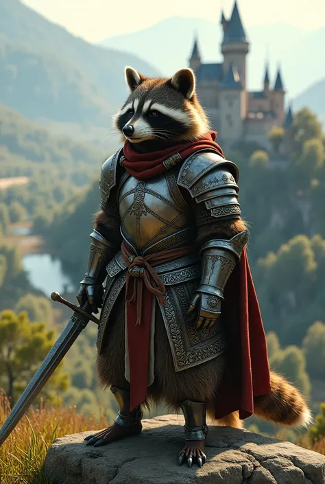 A raccoon on a hill wearing medieval armor and a sword seen in full body. In the background a landscape with a castle .  realistic style  