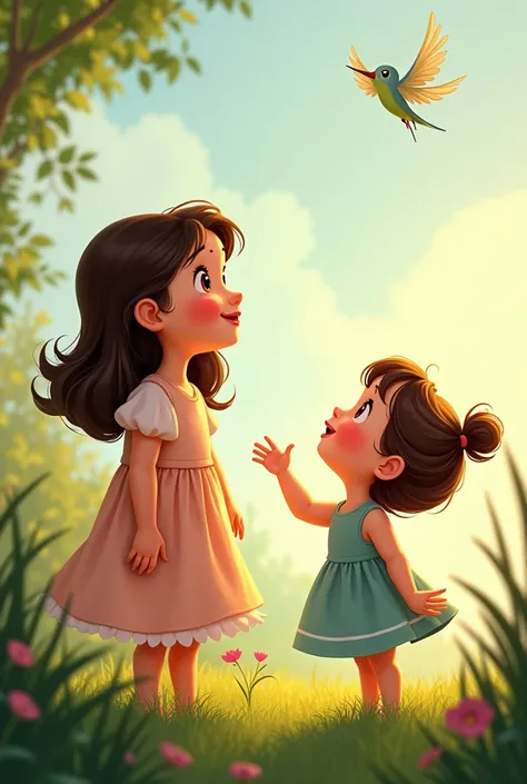  I need a Disneystyle drawing of two little sisters, a six-year-old girl and the other two-year-old, They are watching a little bird fly .