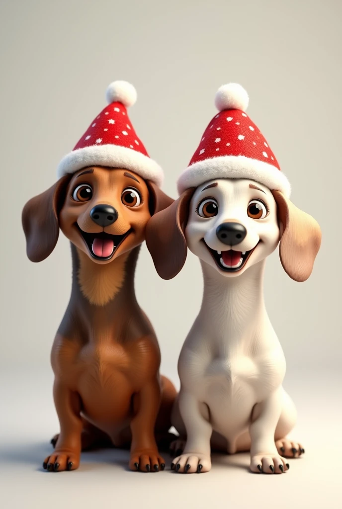 Harlequin dachshund whole brown sausage dog and whole white sausage dog with Christmas hats