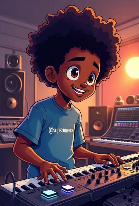 A black  in studio making music wearing a shirt writen © Supstrumental, as a cartoon