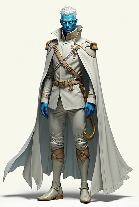 Tall man, blue skin, golden eyes, haircut: Long with Sidecut; Slim and athletic body, wears military clothing inspired by Nazi Germany with the colors: Light Gray and Beige; wears a long white cape, and long white boots.