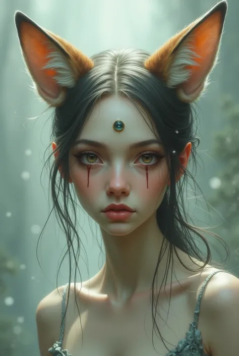  Illustration of a woman with fox ears, She also has four eyes 