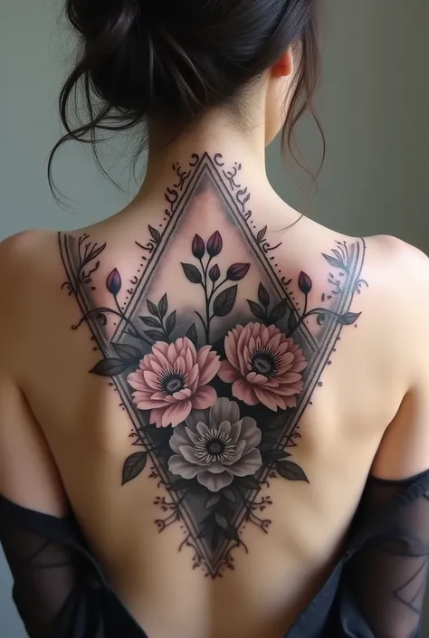  A tattoo design for a womans back shaped like an inverted triangle body .  The tattoo includes flowers such as roses and peonies in dark but soft tones , like grays, dark purples and soft blacks .  The flowers are surrounded by delicate vines and subtle d...