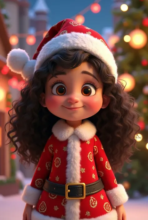 Pixar-inspired 3D poster with brown eyes long curly dark hair with Christmas headdress and Christmas outfit round face and slightly plump and fair skin on the Christmas background
