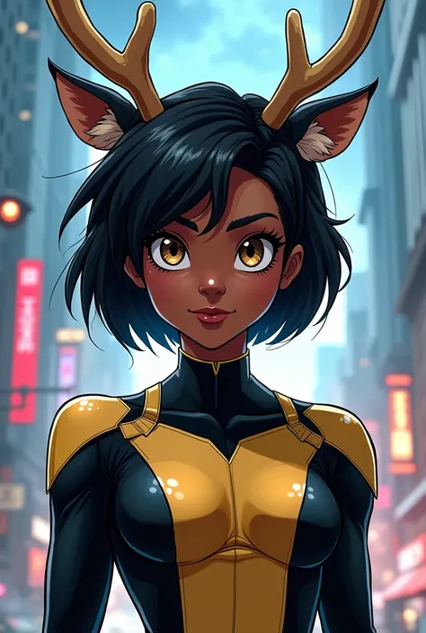  Black teenager mutant girl half reindeer
wearing X-men uniform, she has short black
hair and pointed ears in comic style 