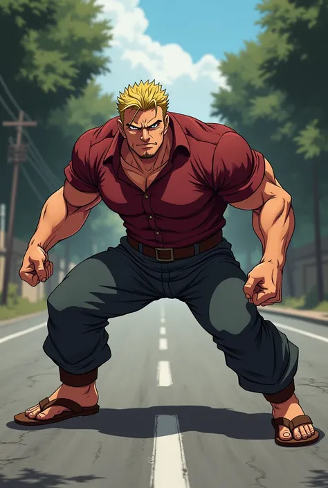 Tall Man, round face, short thin yellow haircut, muscular, in Anime, wearing his mahogany shirt, dark gray pants, brown sandals, in the roadway, in shadow, doing fighting pose by crouching back with legs and feet