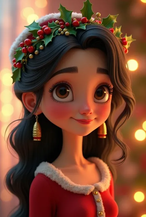 Pixar-inspired 3D poster with brown eyes long curly dark hair with Christmas headdress and Christmas outfit round face and a little light skin on the Christmas background
