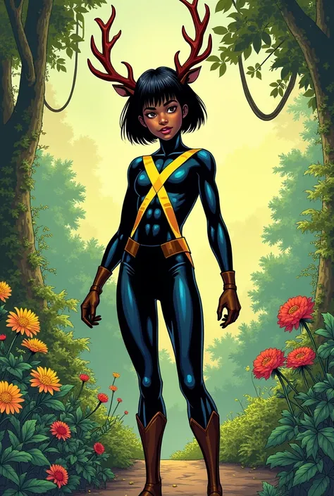  Black teenager mutant girl half reindeer
wearing X-men uniform, she has short black
hair and pointed, she is standing in a garden and i want that in comic style  