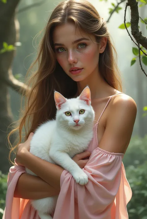 Une belle femme sorcieres et guerrieres avec un visage plutot juvénile. Elle a les cheveux longs chatains clairs et les yeux verts. De légère taches de rousseurs sur le nez et les pommettes. Elle porte une robe fluide rose pale. Elle porte un chat  blanc d...