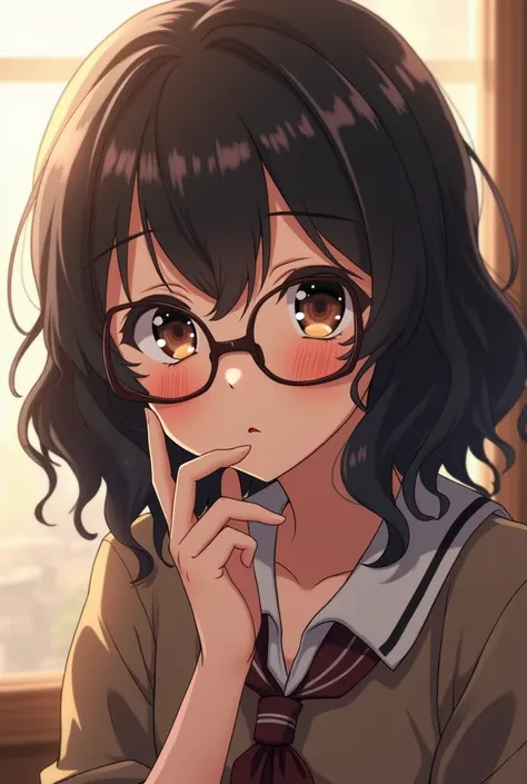  My anime character is a Christian ,  she has wavy black hair below her shoulders ,  slightly thin dark brown eyes , Her lips are full ,  and her eyebrows are neither thin nor thick ,  and she wears believers clothing and kitten-style glasses .  She has no...