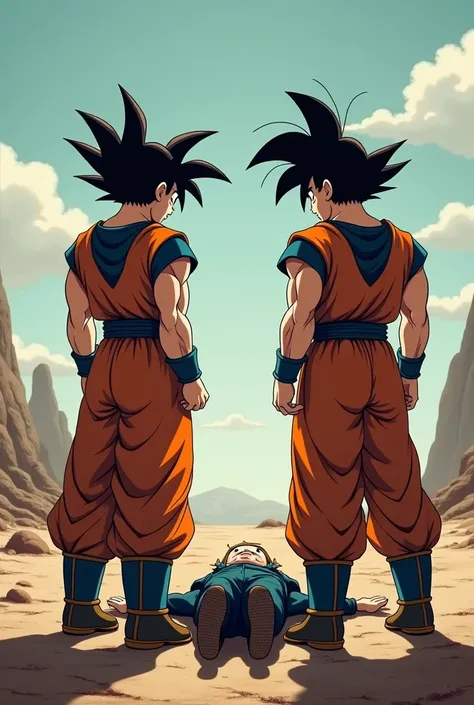 Goku and Vegeta with their backs watching Gohan lying on the floor 