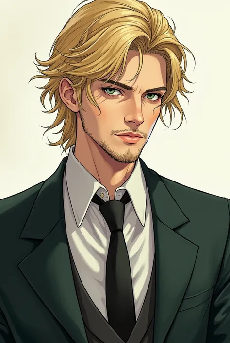 Creating an image in manga style of a blond man in an elegant outfit with a slight beard with gray eyes/Green