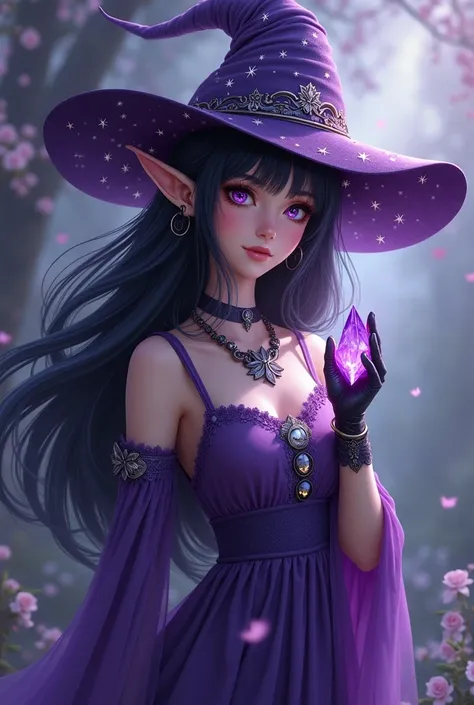 A woman with black hair, a hat with star designs and a long purple dress with a design of aligned moon phases and a glove on her right hand with a crystal, she has elf ears and purple eyes