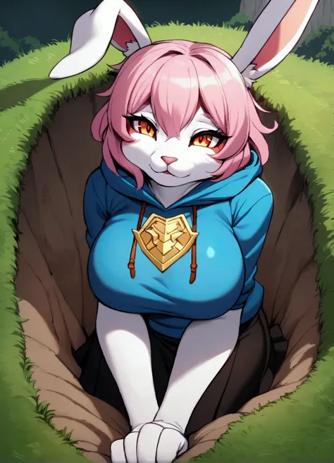 rabbit, furry,  dragon emblem hoodie,  short black skirt,  in the middle of a hill ,  big boobs, blue fur, curled pink hair , amber eyes, lipstick