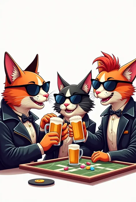  create an image of cats with alternative clothes ,.playing board game and drinking beer ,  white background

Cartoon format 
Rockabilly cats 