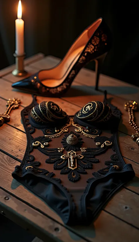  An artistic composition about a mixture of eroticism and religion.  On an oak table with a texture, randomly thrown lace black sexy lingerie for women (agent provocateur Aiden bodysuit с кружевным,  gold embroidered ),  black stilettos without socks . lip...