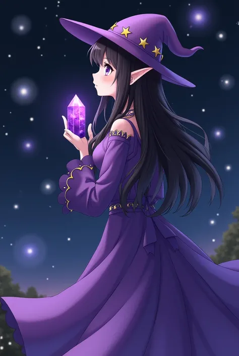 A woman with black hair, a hat with star designs and a long purple dress with a design of aligned moon phases and a glove on her right hand, she has elf ears and purple eyes. She is looking at the stars with a dreamy look, the environment around her is sli...