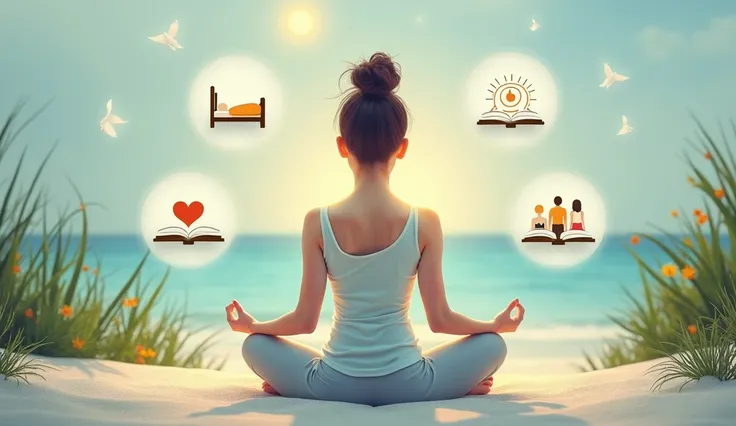 A serene and confident person meditating in a peaceful environment, surrounded by four icons symbolizing key skills: a bed for good sleep, a heart for emotional control, an open book for continuous learning, and two people talking for effective communicati...