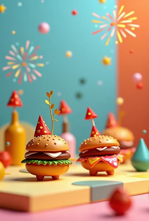 I like to laugh that you make an image for me where pizzas ,  fugos and hamburgers minimized as if it were for a wallpaper with arty figurines of fireworks , pizzas and hamburgers  