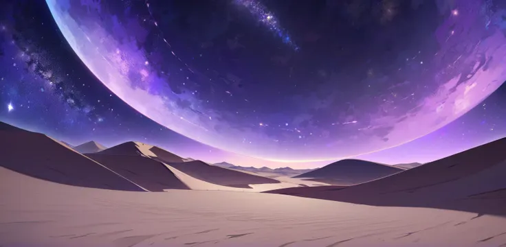 background, galaxy, desert, sand, purple, moon, bright moon, big moon, stars, no mountains, horizon, purple sand.