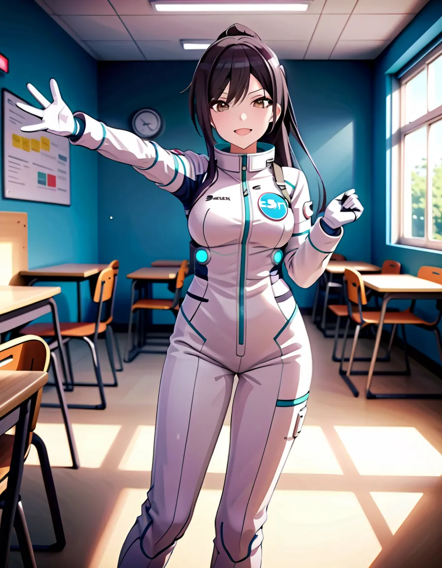 (spacesuit:1.15), white cargo pants, astronaut)bubble helmet, space helmet, white gloves , , looking close at you, classroom, su...