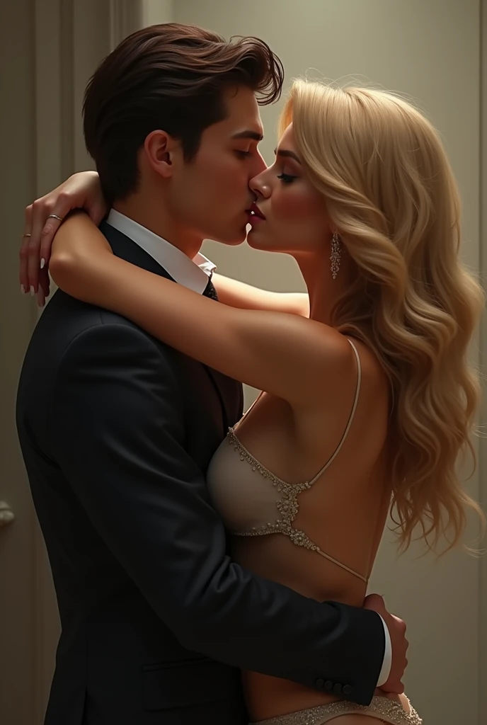 A young man in a suit rides a sexy blonde girl And she kisses him  