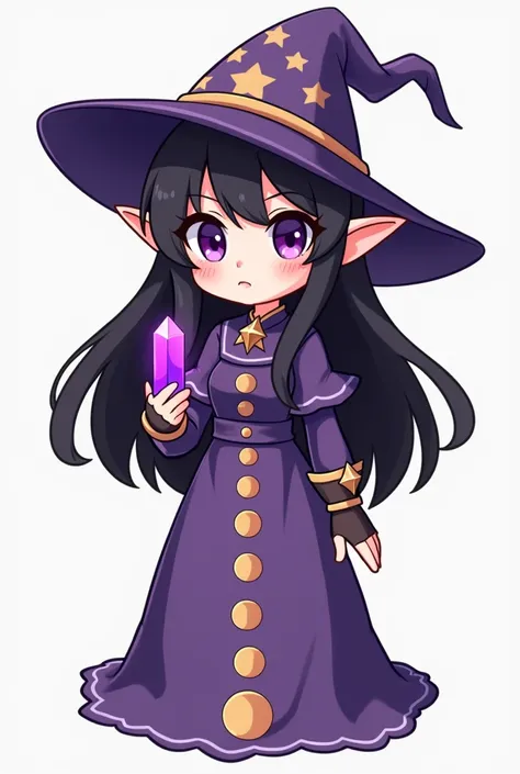 A digital art illustration of a isometric chibi-style female character inspired by classic RPG games, A woman with black hair, a hat with star designs and a long purple dress with a design of aligned moon phases and a glove on her right hand, she has elf e...