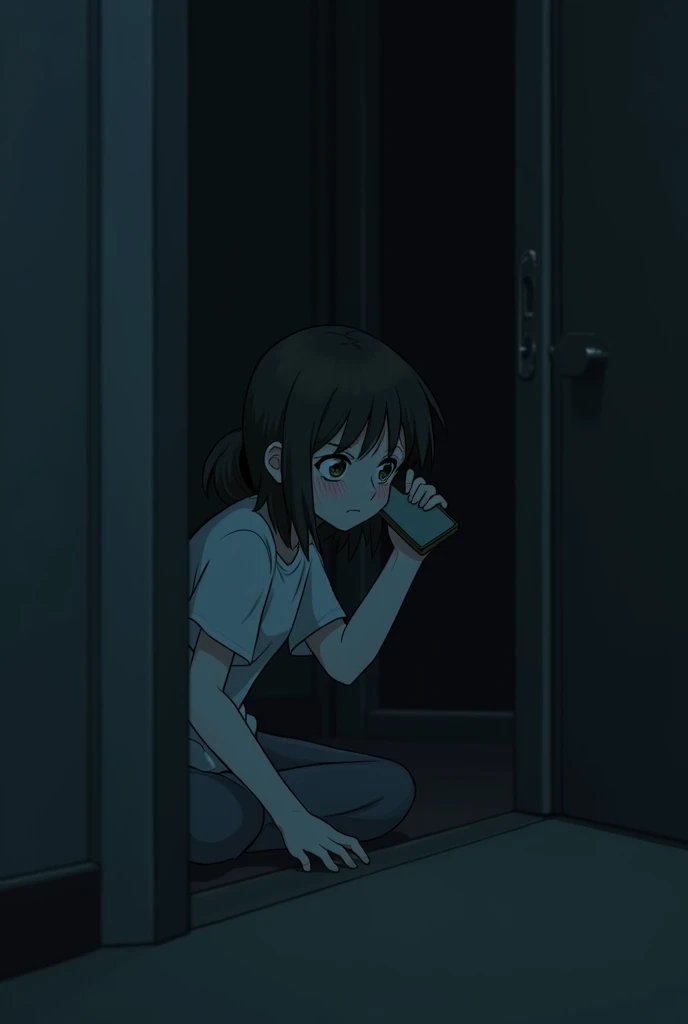 Its nighttime and a girl while crying makes an animated call , Not so lively and visible in a corner of the room 
