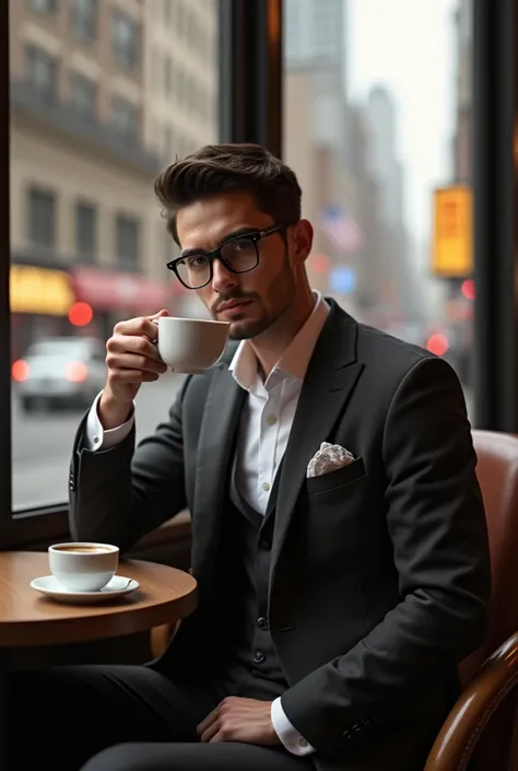 Create a male model wearing glasses and a suit at a restaurant in New York while drinking coffee