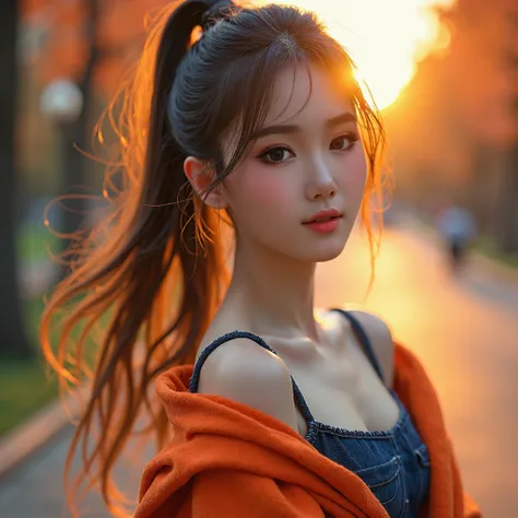 Thai anime girl with a round face, Asian girl with porcelain-like skin, long hair, very long hair, extra long hair, 2 meters long,ในชุดยีนส์สีฟ้าเข้ม,mini skirt, 36-inch bust, beautiful, realistic image. 3D 8k portrait shot with a high quality Kodak light ...