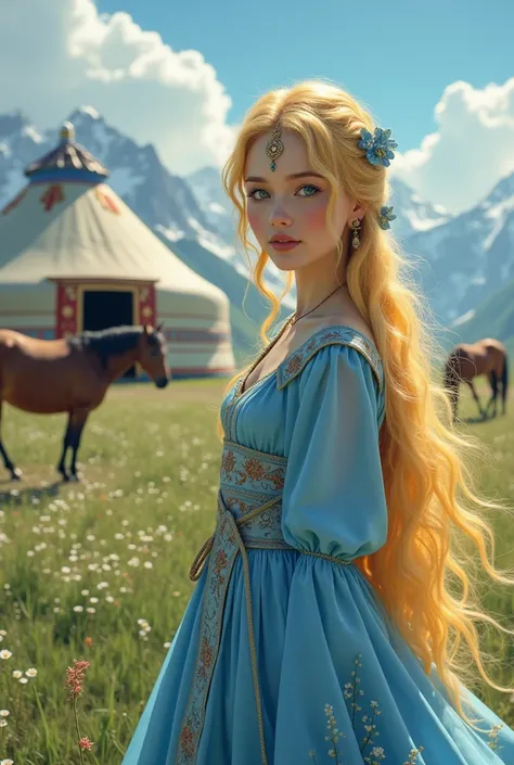 Cinderella with mongolian ger, why are you doing face, with her soft blue dress, mountain, hourses yellow haur